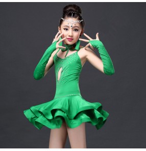 Green fuchsia hot pink royal blue backless girls kids children performance competition professional latin dance dresses outfits
